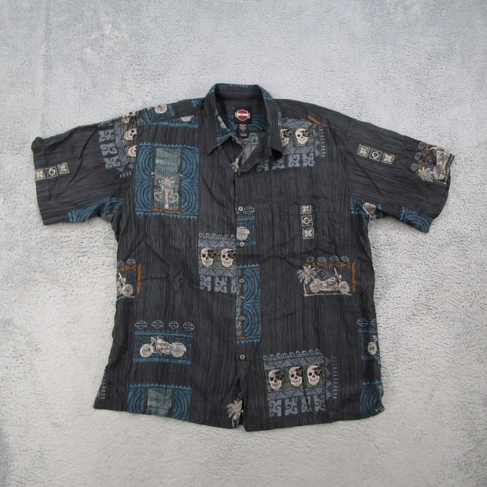 Harley-Davidson Mens Large Black Skull Motorcycle Hawaiian Shirt Made in USA